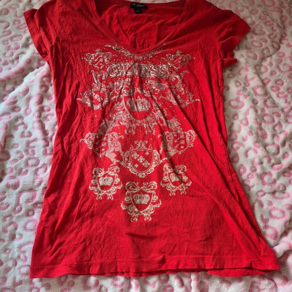 Guess Women's Red and Silver T-shirt